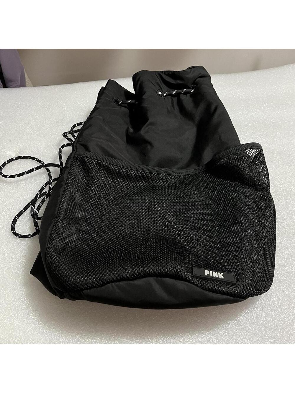 Black mesh drawstring bag with adjustable straps #victoriasecret